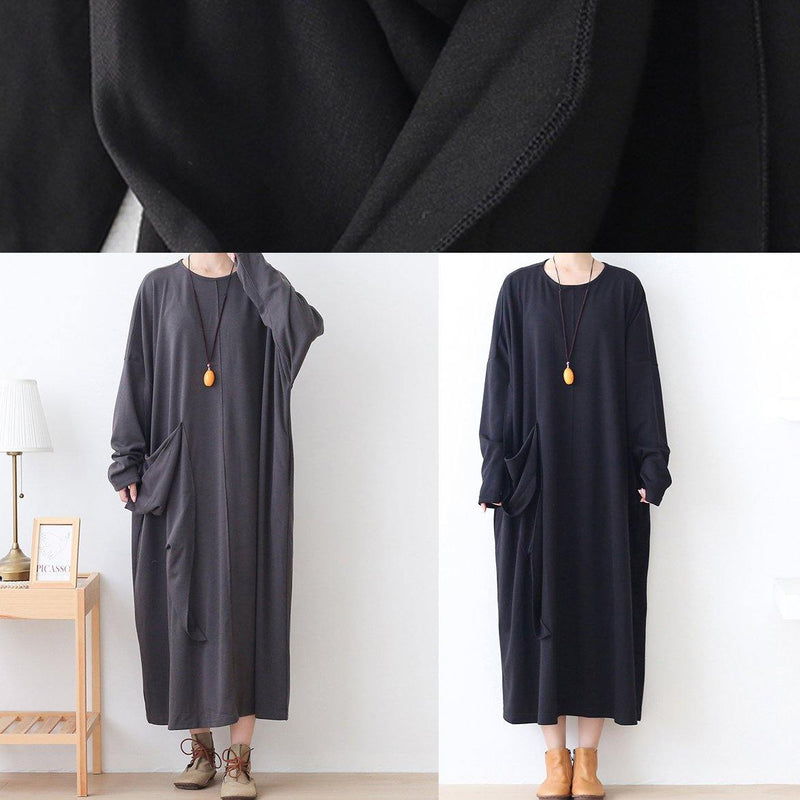 Italian Pockets O Neck Clothes for Work Outfits Black Robes Dresses