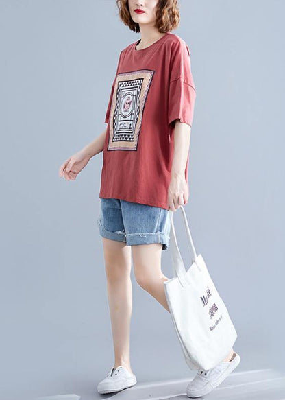 Italian Red Geometric Cotton Linen Blouses O Neck Daily Shirts