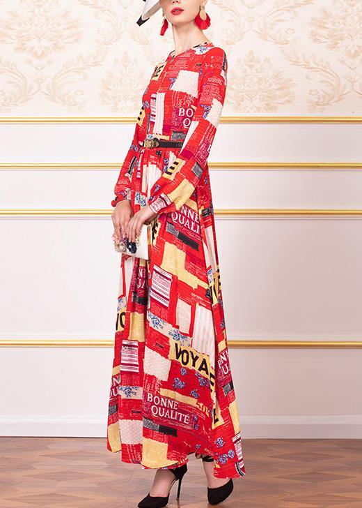 Italian Red Chiffon Tunic Pattern Big Hem a Line O Neck Dress