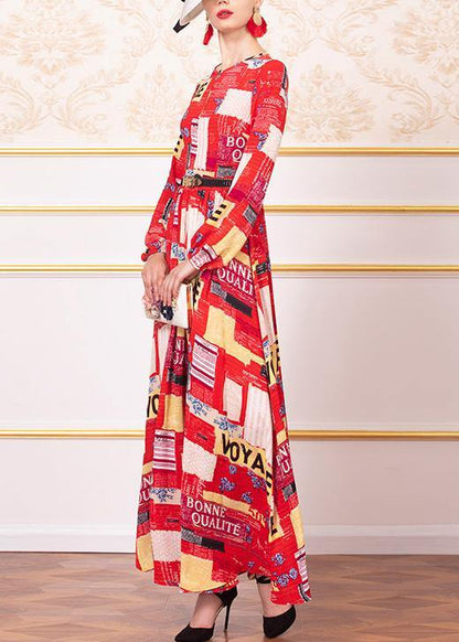 Italian Red Chiffon Tunic Pattern Big Hem a Line O Neck Dress