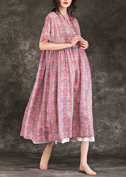 Italian Red Linen Clothes Fine Online Shopping O Neck Large Hem Maxi Summer Dresses