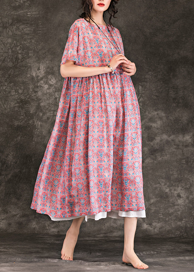 Italian Red Linen Clothes Fine Online Shopping O Neck Large Hem Maxi Summer Dresses