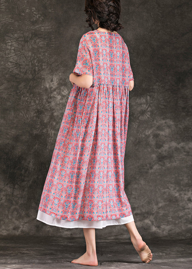 Italian Red Linen Clothes Fine Online Shopping O Neck Large Hem Maxi Summer Dresses
