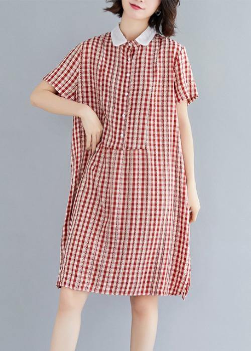 Italian Red Plaid Cotton Tunics Peter Pan Collar Knee Summer Dress