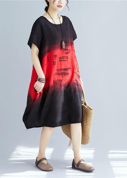 Italian Red Print Cotton Dresses O Neck Patchwork a Line Summer Dresses