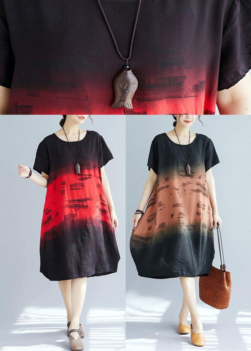 Italian Red Print Cotton Dresses O Neck Patchwork a Line Summer Dresses