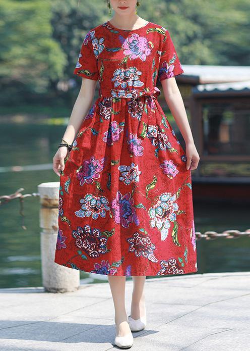 Italian Red Print Cotton Linen Dress O Neck Tie Waist Cotton Robes Summer Dresses
