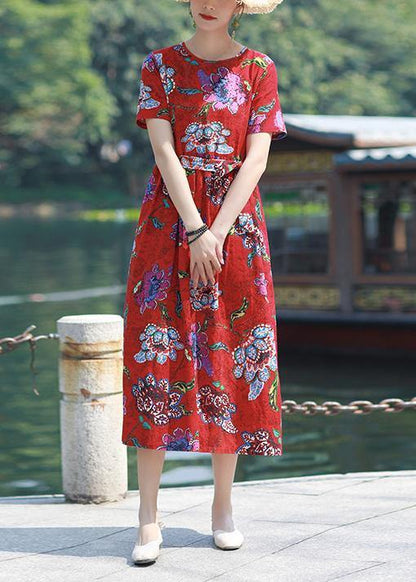 Italian Red Print Cotton Linen Dress O Neck Tie Waist Cotton Robes Summer Dresses