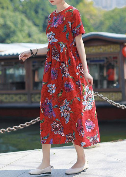 Italian Red Print Cotton Linen Dress O Neck Tie Waist Cotton Robes Summer Dresses