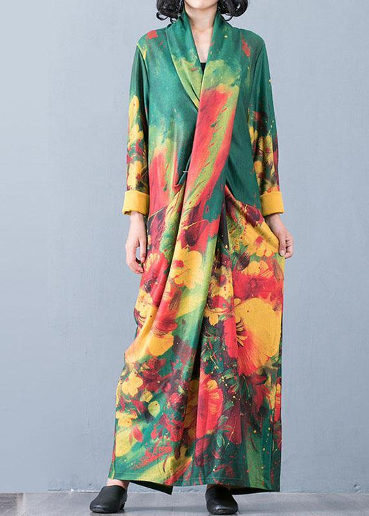 Italian Red Print Cotton V Neck Back Side Open Maxi Fall Dress