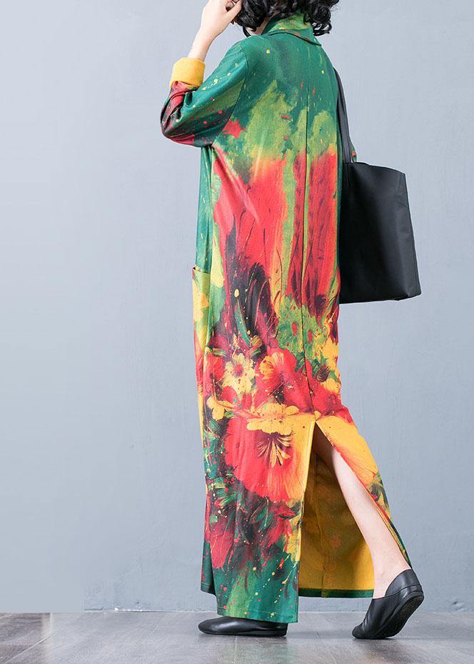 Italian Red Print Cotton V Neck Back Side Open Maxi Fall Dress