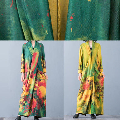 Italian Red Print Cotton V Neck Back Side Open Maxi Fall Dress