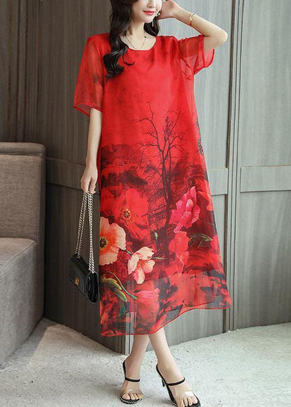 Italian Red Print Silk Quilting Clothes O Neck Kaftan Summer Dresses