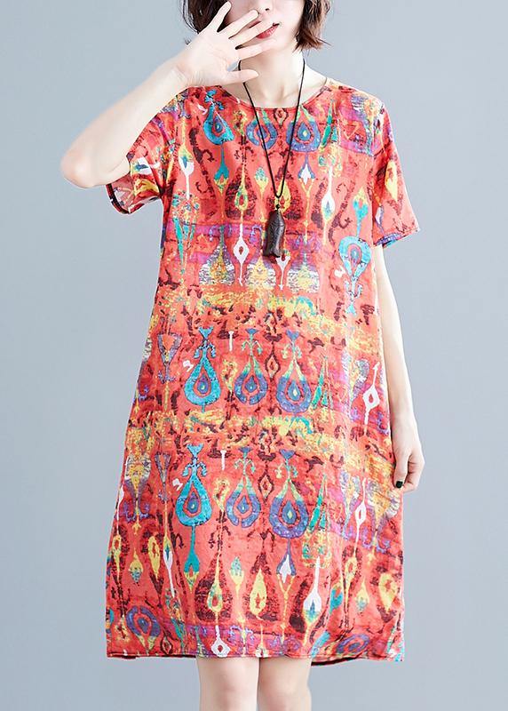 Italian Red Prints Linen Clothes for Short Sleeve Daily Summer Dress
