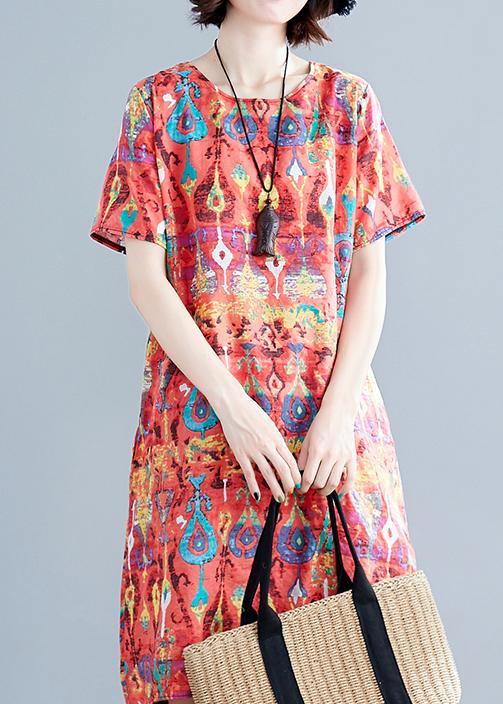 Italian Red Prints Linen Clothes for Short Sleeve Daily Summer Dress