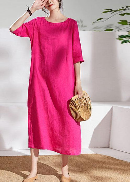Italian Rose Linen Dresses O Neck Half Sleeve Maxi Summer Dresses