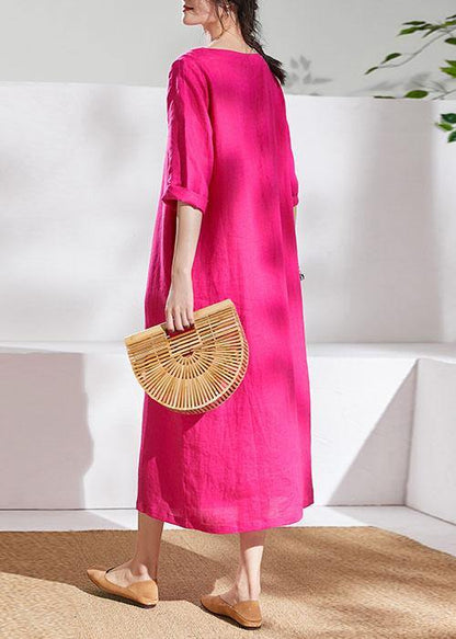 Italian Rose Linen Dresses O Neck Half Sleeve Maxi Summer Dresses