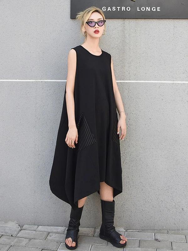 Italian Sleeveless Asymmetric Cotton Summer Black Cotton Dresses