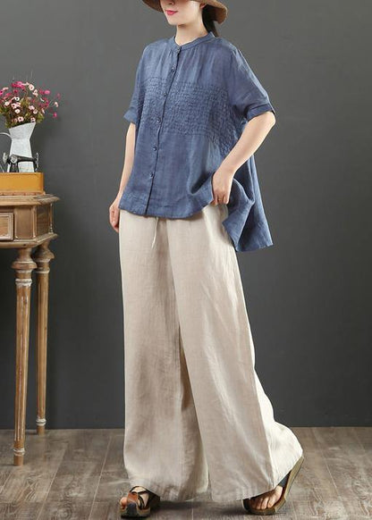 Italian Stand Collar Linen Summer Clothes Shape Navy Embroidery Blouse