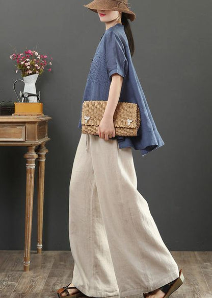 Italian Stand Collar Linen Summer Clothes Shape Navy Embroidery Blouse
