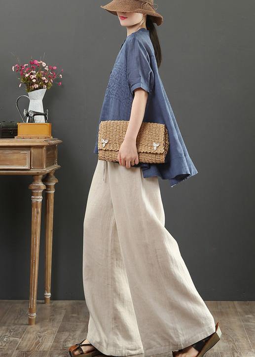 Italian Stand Collar Linen Summer Clothes Shape Navy Embroidery Blouse