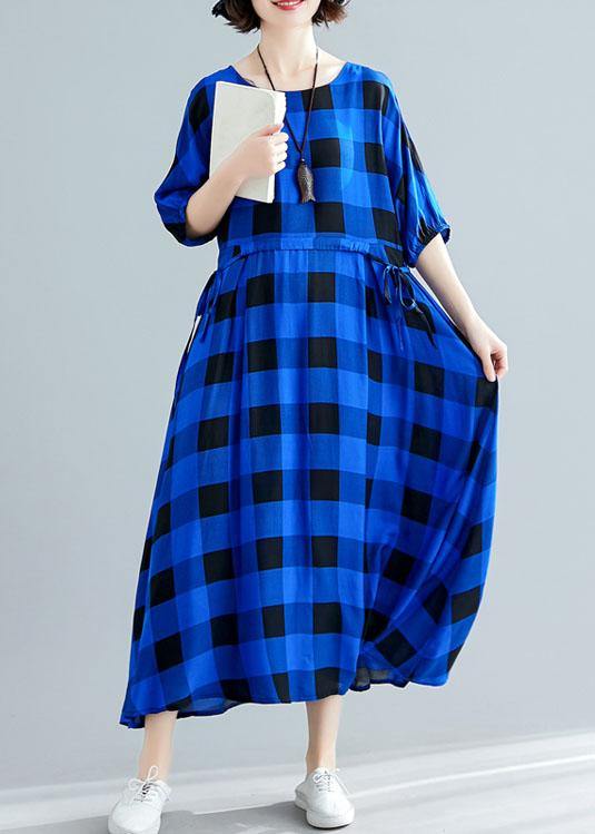Italian Tie Waist Cotton Clothes Outfits Blue Plaid Maxi Dresses Summer