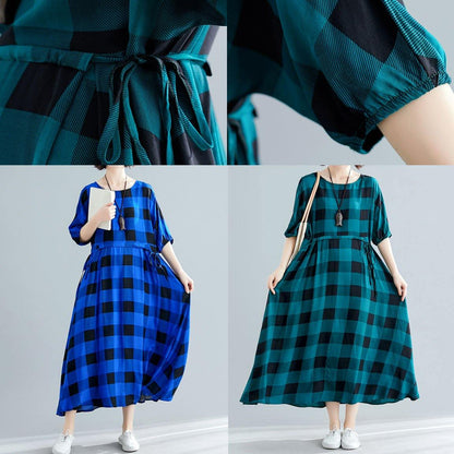 Italian Tie Waist Cotton Clothes Outfits Blue Plaid Maxi Dresses Summer
