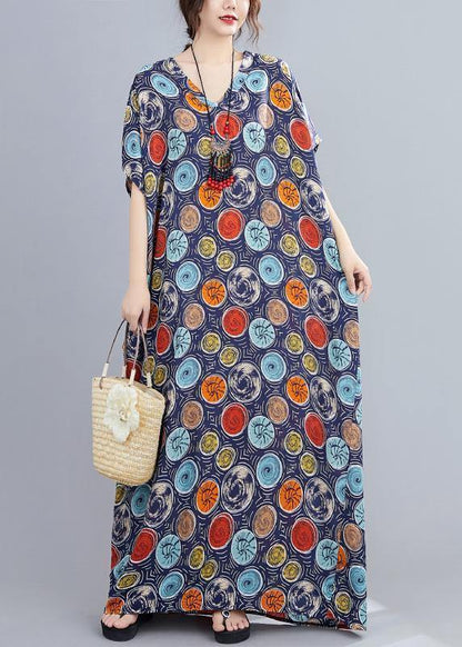 Italian V Neck Batwing Sleeve Blue Dotted Maxi Dresses