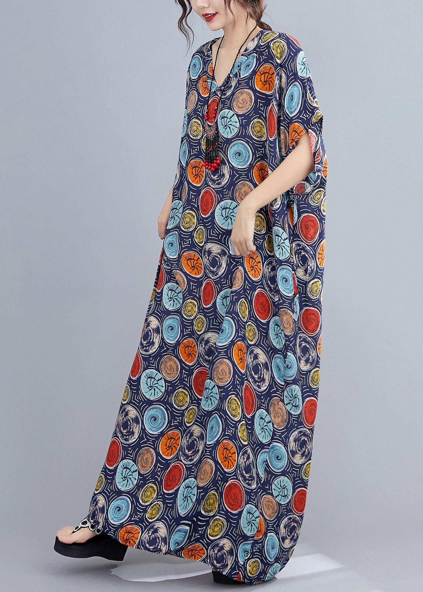 Italian V Neck Batwing Sleeve Blue Dotted Maxi Dresses