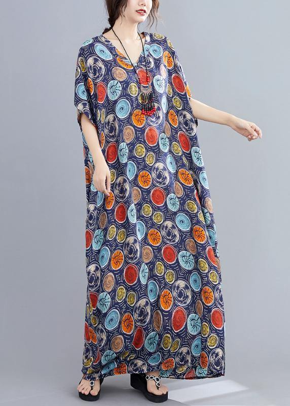 Italian V Neck Batwing Sleeve Blue Dotted Maxi Dresses