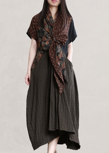 Italian V Neck Batwing Sleeve Linen Dresses Photography Chocolate Print Dress