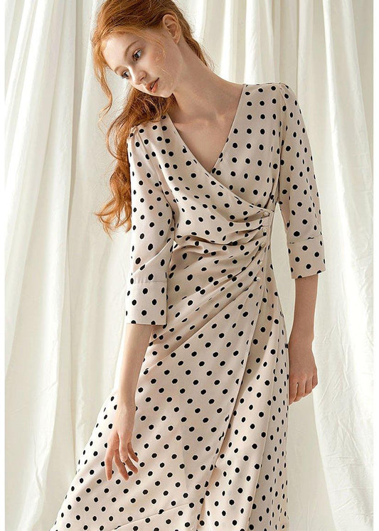 Italian V Neck Chiffon Dresses Fabrics Nude Dotted Maxi Dresses Fall