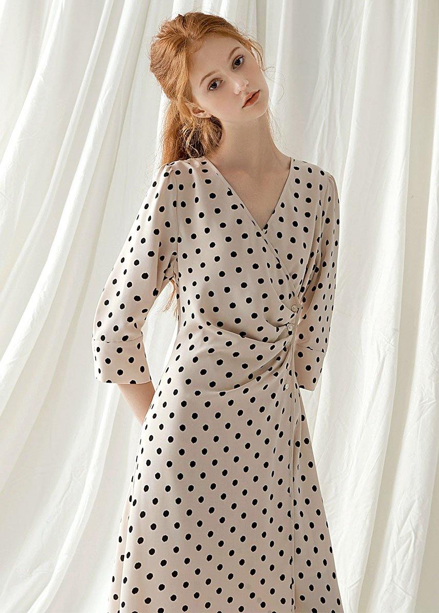 Italian V Neck Chiffon Dresses Fabrics Nude Dotted Maxi Dresses Fall