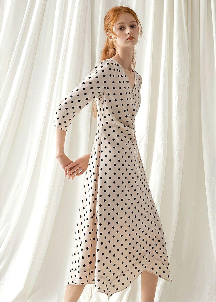 Italian V Neck Chiffon Dresses Fabrics Nude Dotted Maxi Dresses Fall