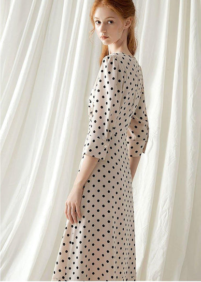 Italian V Neck Chiffon Dresses Fabrics Nude Dotted Maxi Dresses Fall
