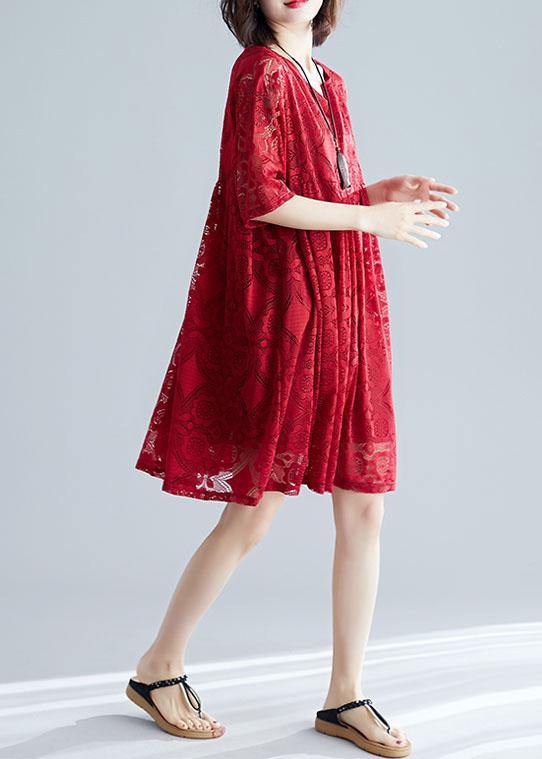 Italian V Neck Hollow Out Dresses Pattern Red Dress