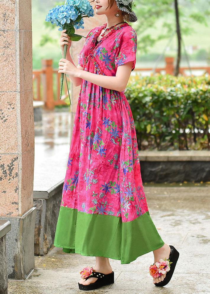 Italian V Neck Patchwork Cotton Wardrobes Rose Print Cotton Robes Dress Summer