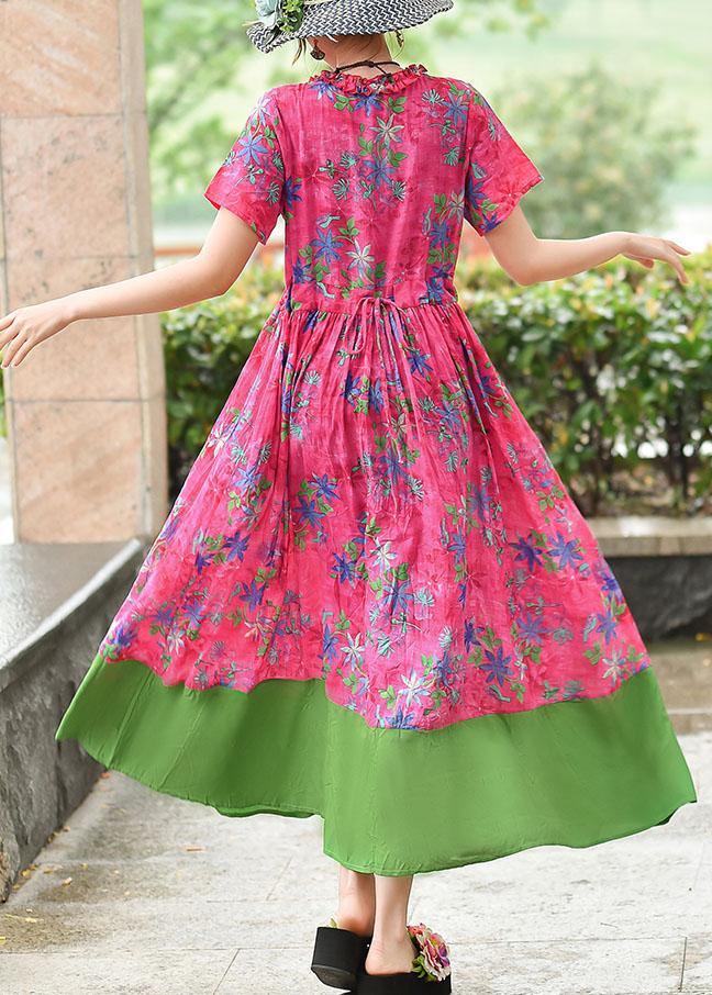 Italian V Neck Patchwork Cotton Wardrobes Rose Print Cotton Robes Dress Summer