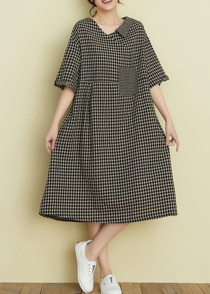 Italian V Neck Pockets Summer Dresses Black Plaid Dresses