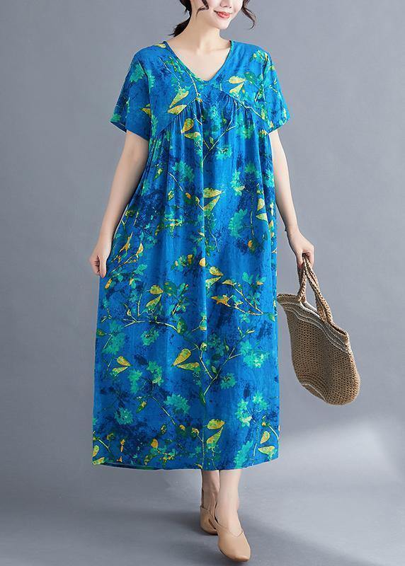 Italian V Neck Cinched Linen Wardrobes Pattern Blue Print Dresses Summer
