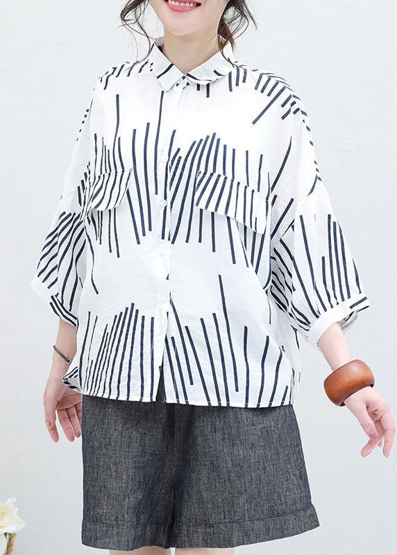 Italian White Asymmetric Striped Cotton Long Shirts Half Sleeve Art Summer Shirt