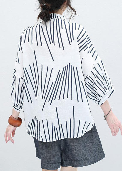 Italian White Asymmetric Striped Cotton Long Shirts Half Sleeve Art Summer Shirt