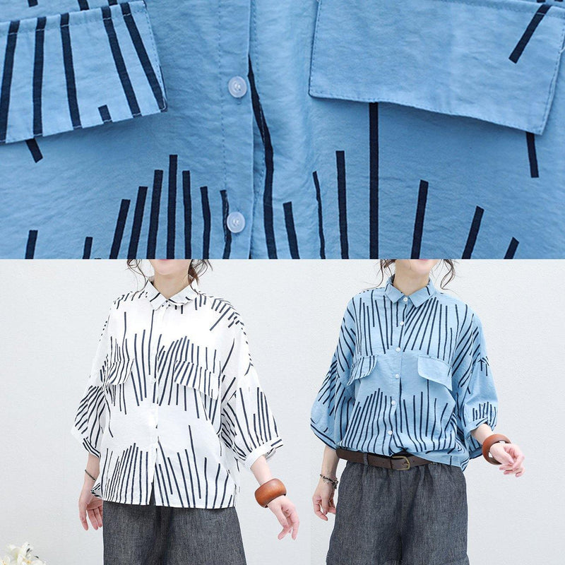 Italian White Asymmetric Striped Cotton Long Shirts Half Sleeve Art Summer Shirt