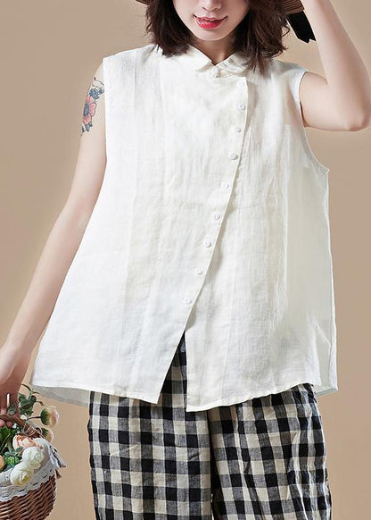 Italian White Cotton Shirts Shape Peter Pan Collar Sleeveless Short Summer Top