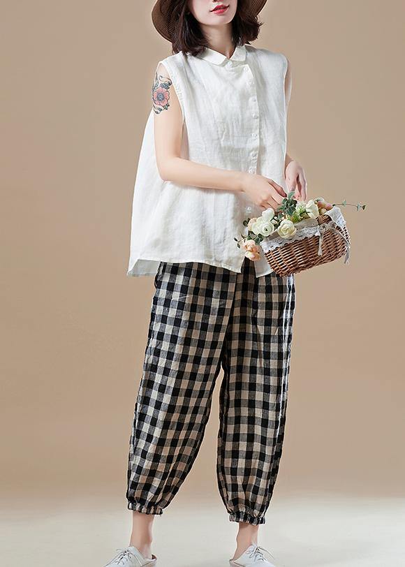 Italian White Cotton Shirts Shape Peter Pan Collar Sleeveless Short Summer Top