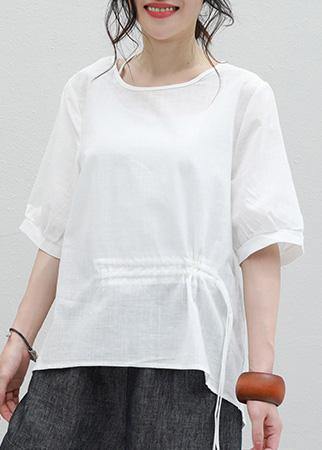Italian White Cotton Shirts Tunic Tops O Neck Drawstring Shirt