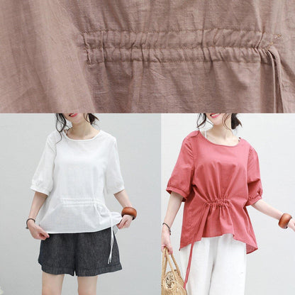 Italian White Cotton Shirts Tunic Tops O Neck Drawstring Shirt