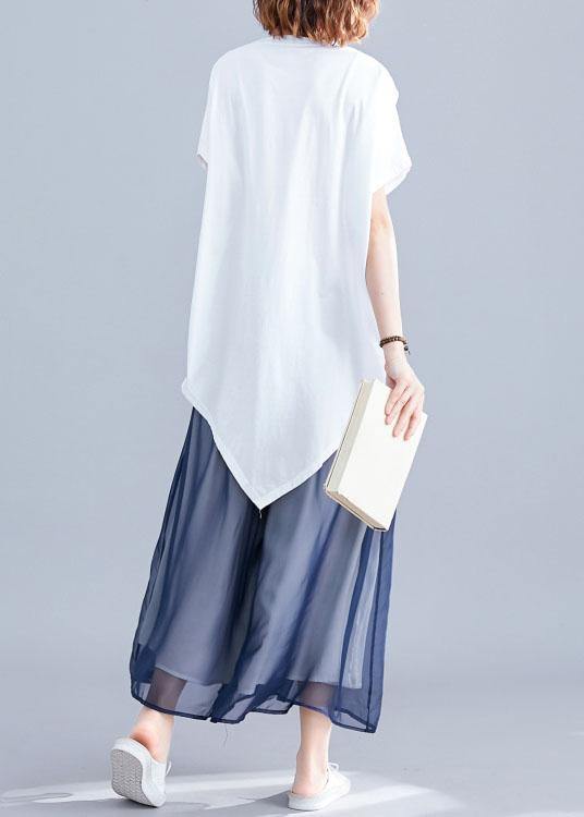Italian White O Neck Cotton Clothes for Asymmetric Hem Daily Summer Blouses