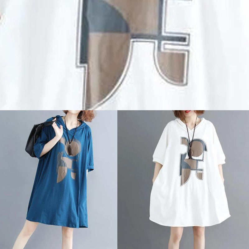 Italian White Print Cotton Tunics Hooded Dresses Summer Dress