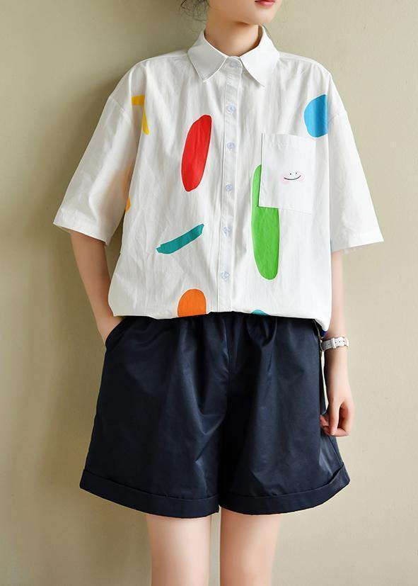 Italian White Print Clothes for Lapel Half Sleeve Dresses Summer Blouse